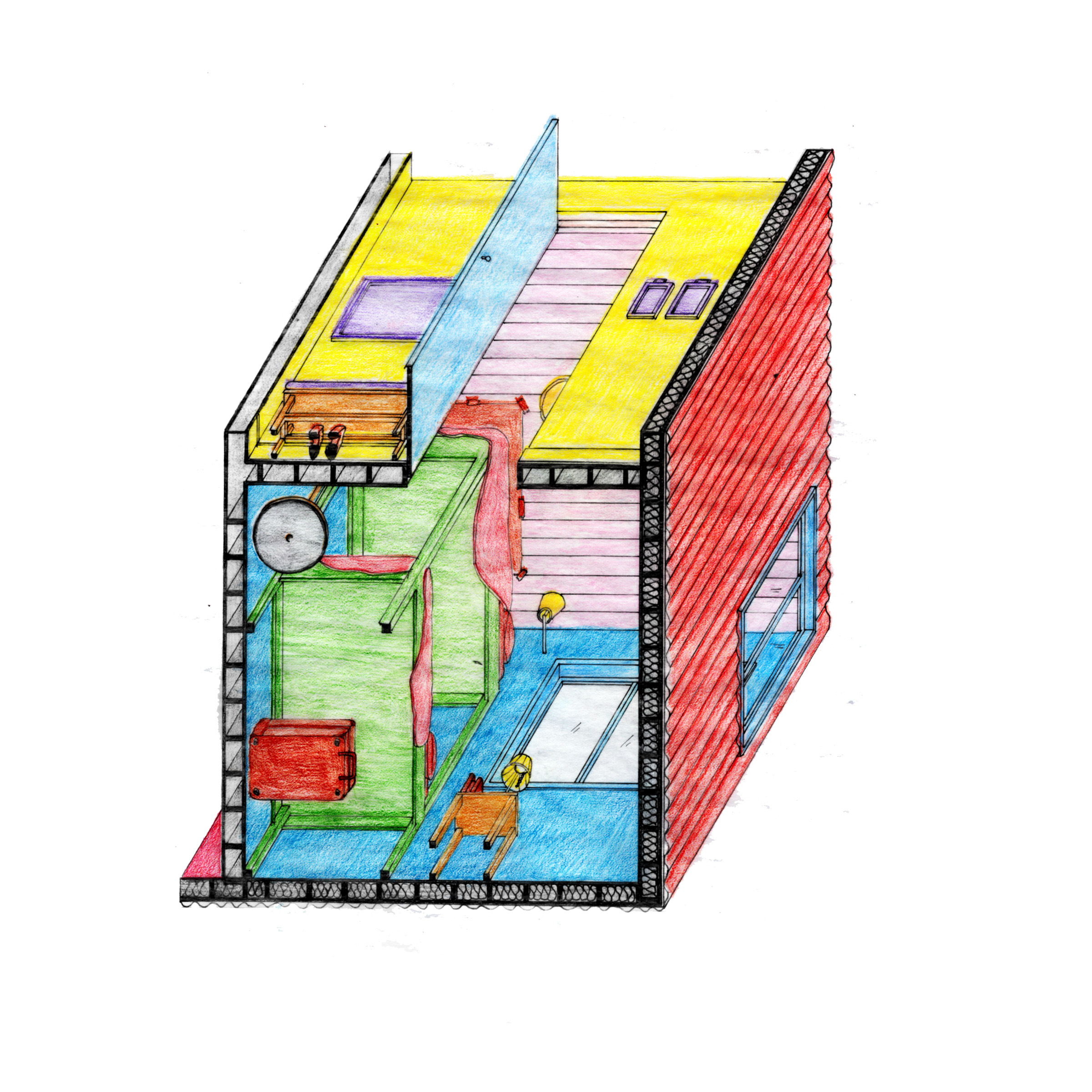 Primary colour pencil crayons and pen drawing of a bedroom, drawn from below. A typical inaccessible kid room with bunk beds, tight turns, and a narrow door.